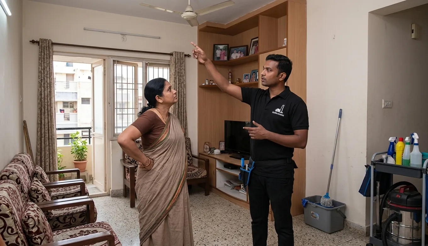 Professional cleaner assessing a home cleaning job in a Hyderabad apartment Professional cleaner assessing a home cleaning job in a Hyderabad apartment